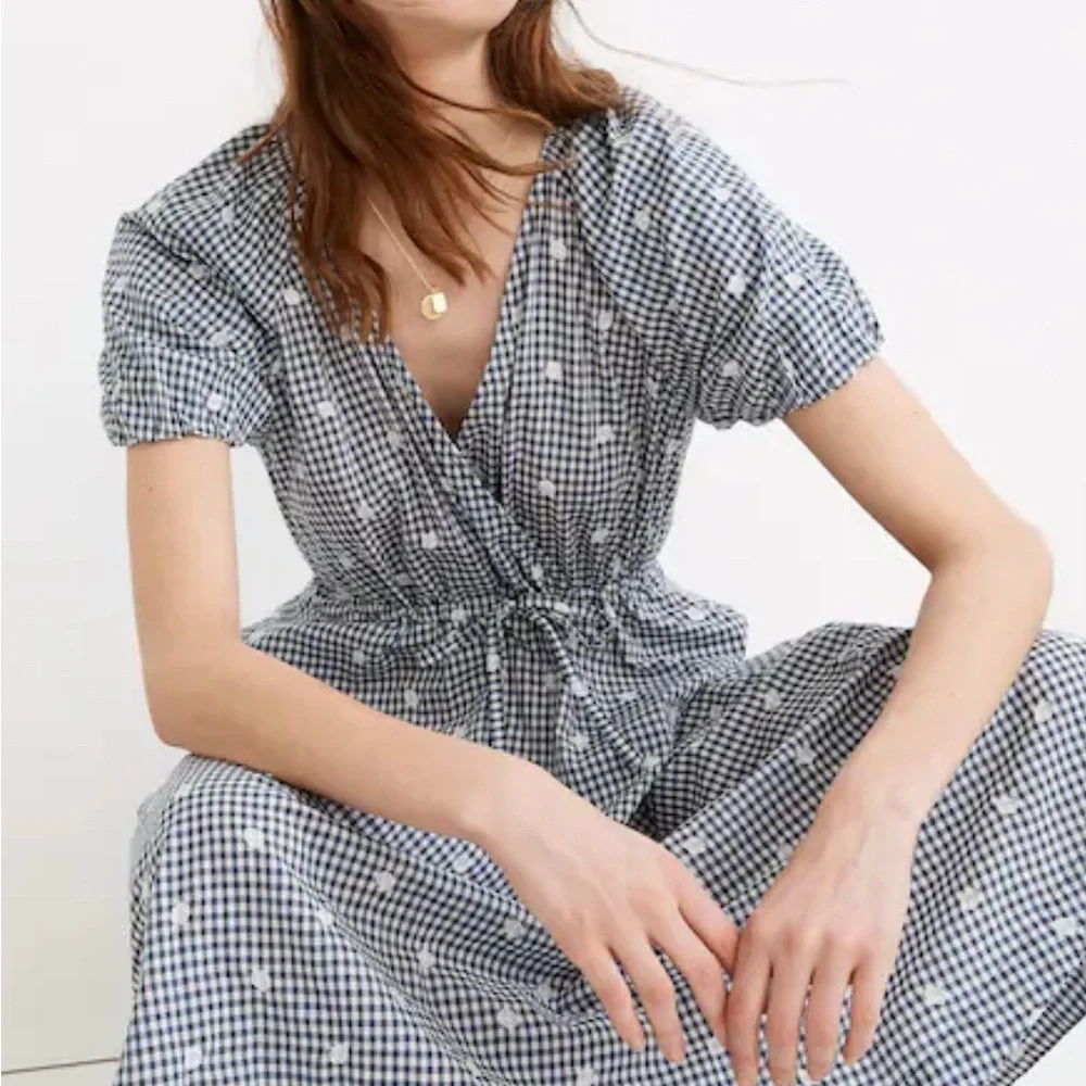 Gently Loved Embroidered Gingham Faux-Wrap Tie-Waist Midi Dress by Madewell - Picture 13 of 16